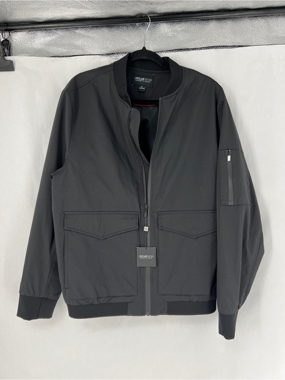 Awearness Kenneth Cole Men's Black Bomber Jacket with Utility Sleeve Pocket